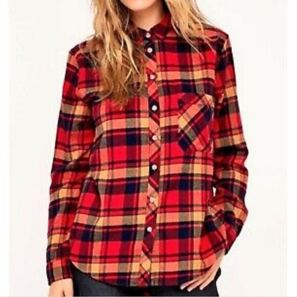 BDG Olly Red & Orange Festival Boyfriend Button Down Flannel Shirt Shacket - Picture 1 of 14